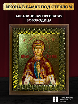 Икона Албазинская Слово Плоть Бысть Божия Матерь с золочением, деревянная рамка с басмой и стеклом 1