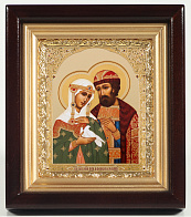 Икона в киоте 11х13 сложный, двойное тиснение, рамка золочёная Петр и Феврония 7