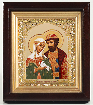 Икона в киоте 11х13 сложный, двойное тиснение, рамка золочёная Петр и Феврония 7