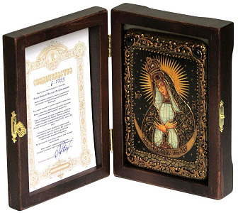 Настольная икона ''Образ Пресвятой Богородицы «Остробрамская (Виленская)»'' на мореном дубе