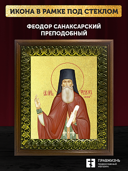 Икона Феодор Санаксарский преподобный с золочением, деревянная рамка с басмой и стеклом 18х21х2,5 см