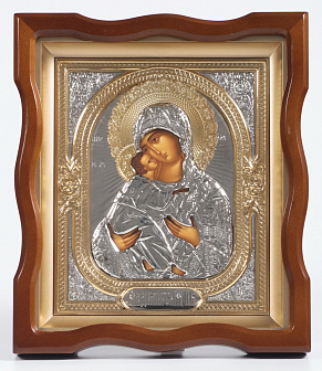 Икона в киоте 18х24 фигурный №4 темпера, риза объёмная, никель, золочение Владимирская БМ