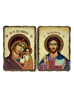 Венчальные иконы Спаситель и Казанская со вставкой металл на дереве под старину Византикос 13х15