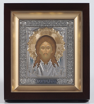 Икона в киоте 11х13 фигурный №2 темпера, пластмассовый подрамник, риза никель, эмаль, золоч Спас Нерукотворный