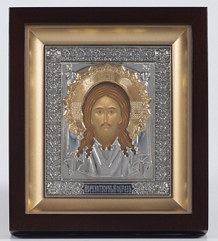 Икона в киоте 11х13 фигурный №2 темпера, пластмассовый подрамник, риза никель, эмаль, золоч Спас Нерукотворный