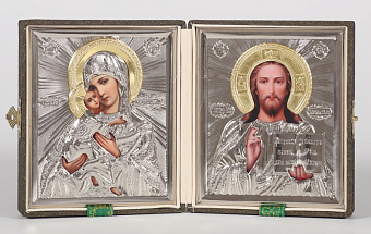 Складень в футляре 11х13 зафиро, тиснение, риза объемная, никелирование Спаситель - Владимирская БМ Складень в футляре 11х13 зафиро, тиснение, риза объемная, никелирование Спаситель - Владимирская БМ