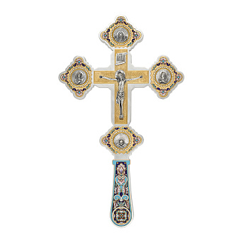 Крест напрестольный №19 литьевые лики, распятие, филигрань, эмаль, роспись, гравировка / золочение / серебро (УИН)