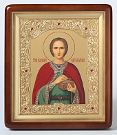 Икона в киоте 18х24 фигурный, темпера, рамка фигурная, золочёная Пантелеимон 1