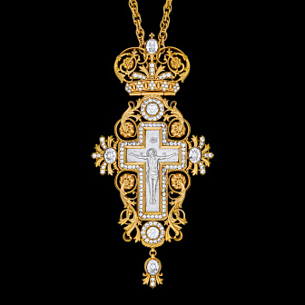 Крест наперсный №189 / Фианиты литьевое распятие / золочение, серебрение