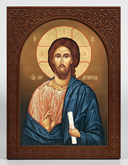 Икона на дереве 25х35 изображение арочное, ковчег с резным обрамлением, упаковка Спаситель