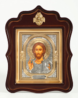 Икона в киоте 18х24 фигурный с навершием, темпера, риза объемная, частично золочёная Спаситель