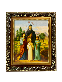 Именная икона Вера Надежда Любовь и София Римские с деревьями на холсте в киоте 044
