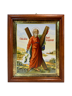 Икона Андрей Первозванный Апостол с крестом на холсте в киоте 027