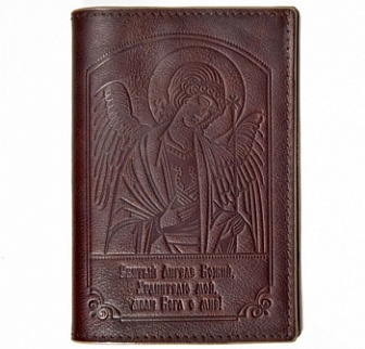 Обложка паспорт, тиснение Ангел Хранитель, крыло пластик, цветной край  коричневая