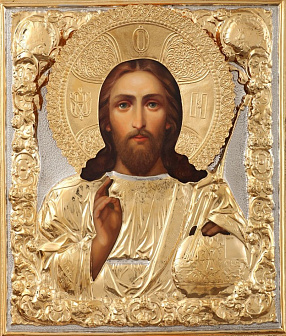Икона живописная в ризе 24х30 масло, объемная риза № 76, золочение Спаситель