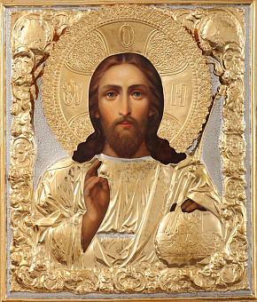 Икона живописная в ризе 24х30 масло, объемная риза № 76, золочение Спаситель Икона живописная в ризе 24х30 масло, объемная риза № 76, золочение Спаситель