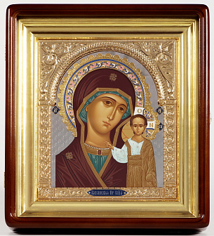 Икона живописная в киоте 24х30 темпера, риза открытая, никель, эмаль, киот №1