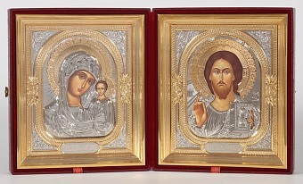 Икона венчальная №5 в металической ризе-киоте темпера золочение Спаситель-Казанская БМ