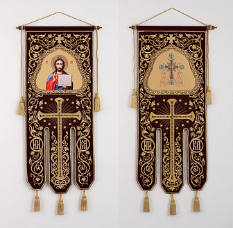 Хоругвь бархатная двухстороняя вышивка а / м (в комплекте древко и оглавие)