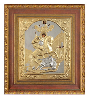 Икона живописная в киоте 30х40 масло, риза №38, матовое золочение, киот №22 Георгий Победоносец Икона живописная в киоте 30х40 масло, риза №38, матовое золочение, киот №22 Георгий Победоносец
