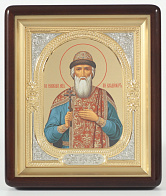 Икона в киоте 18х24 фигурный, темпера №8, риза-рамка объемная, открытая, золочёная, никелирование Владимир равн. князь Киевск. 1