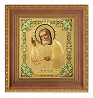 Икона живописная в киоте 24х30 масло, риза №268, матовое полное золочение, эмаль, киот №22 Серафим Саровский
