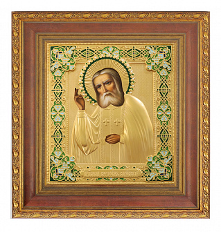 Икона живописная в киоте 24х30 масло, риза №268, матовое полное золочение, эмаль, киот №22 Серафим Саровский