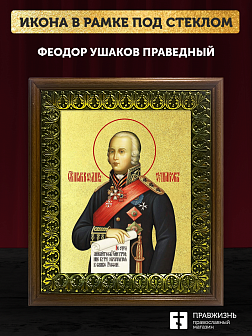 Икона Феодор Ушаков праведный с золочением, деревянная рамка с басмой и стеклом 18х21х2,5 см 144 Икона Феодор Ушаков праведный с золочением, деревянная рамка с басмой и стеклом 18х21х2,5 см 144