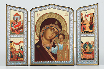 Складни деревянные 19х28 трёхстворчатые, двойное тиснение, фигурные, в упаковке Казанская БМ 2