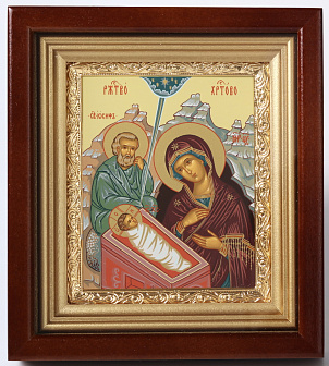 Икона в киоте 11х13 сложный, темпера, рамка золочёная Рождество Христово 1