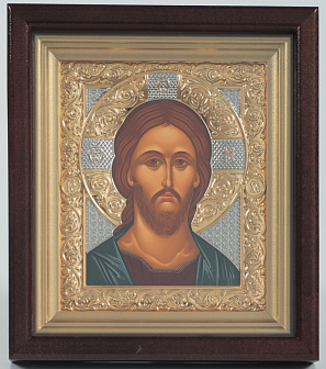 Икона в киоте 12х14 сложный №2 темпера, никель, золочение Спаситель
