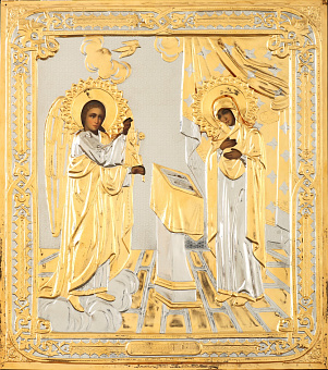 Икона живописная Благовещения Пресвятой Богородицы 30х40, масло, риза №262, золочение Икона живописная Благовещения Пресвятой Богородицы 30х40, масло, риза №262, золочение