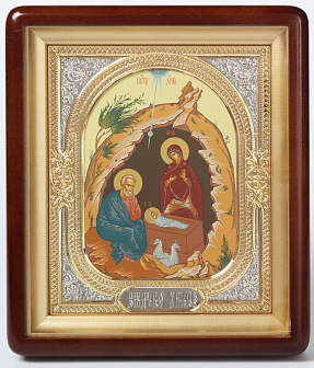Икона в киоте 18х24 фигурный, темпера, риза-рамка объемная, открытая, золочёная, никелирование Рождество Христово 2