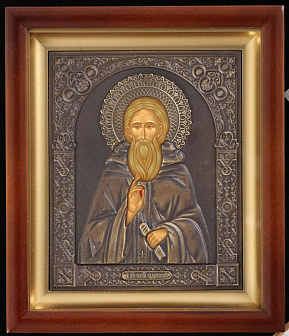 Икона в киоте 15х19 сложный, темпера, риза патинированая Сергий Радонежский