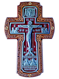 Крест настенный гальванический с Архангелами, натуральные камни, серебрение, ясень, с эмалью, молитва по краю