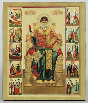 Икона на доске 22х26 объёмная печать, лак Спиридон с житием