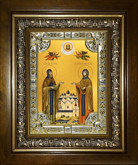 Икона Петр и Феврония святые благоверные князья в деревянном киоте