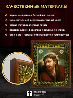 Икона Господь Иисус Христос в терновом венце, деревянная рамка с басмой и стеклом 18х21х2,5 см Икона Господь Иисус Христос в терновом венце, деревянная рамка с басмой и стеклом 18х21х2,5 см