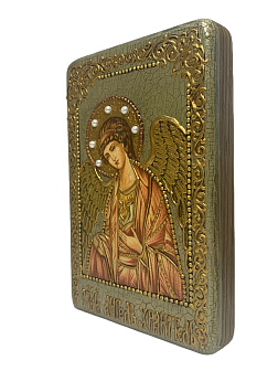 Икона ''Ангел-Хранитель'' ручной работы из дуба с натуральными камнями