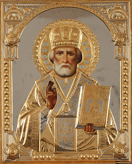 Икона живописная святителя Николая Чудотворца 60х70, масло, риза №215, золочение, камни