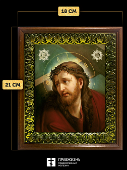 Икона Господь Иисус Христос в терновом венце, деревянная рамка с басмой и стеклом 18х21х2,5 см Икона Господь Иисус Христос в терновом венце, деревянная рамка с басмой и стеклом 18х21х2,5 см