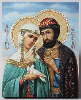 Икона на доске 13х15 объёмная печать, лак Петр и Феврония 1