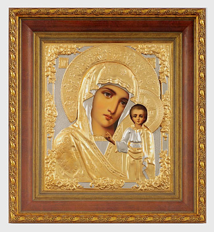Икона живописная в киоте 24х30 масло, риза № 17, матовое золочение, киот №22 Казанская БМ