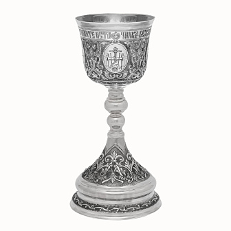 Потир 1.0л ручная гравировка с 4мя-ликами, чеканка / поддон 1, 5л потира / серебро (УИН)