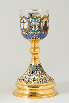 Потир 0.75л 4-финифти, филигрань, эмаль, роспись / поддон 1, 5л потира / золочение / серебряный стакан (УИН)