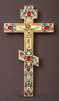 Крест напрестольный №2 филигрань, эмаль, литьевое распятие / золочение