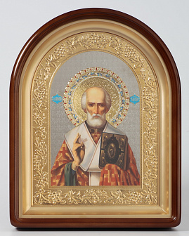 Икона в киоте 24х30 сложный, арочный, фото, риза объемная, открытая, золочение, эмаль Николай Чудотворец