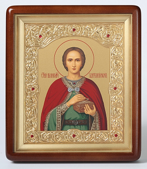 Икона в киоте 18х24 фигурный, темпера, рамка фигурная, золочёная Пантелеимон 1