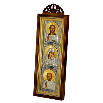Икона в киоте 20х50 сложный с резным навершием, темпера, риза, золочение, никель, эмаль Спаситель-Казанская БМ-Н.Чудотворец