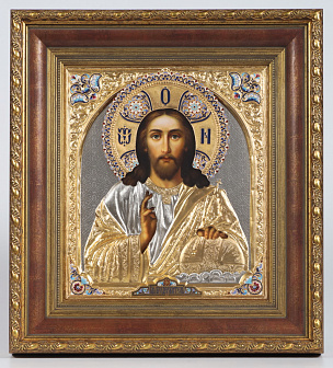 Икона живописная в киоте 30х40 масло, риза №33, матовое золочение, эмаль, киот №22 Спаситель Икона живописная в киоте 30х40 масло, риза №33, матовое золочение, эмаль, киот №22 Спаситель